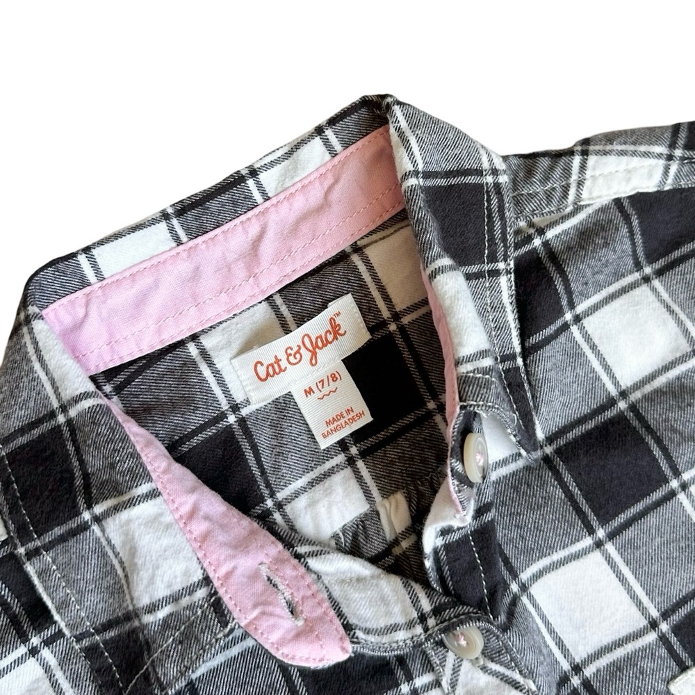 Cat & Jack 7/8 Girls black white plaid cotton light flannel button down shirt - Picture 5 of 6